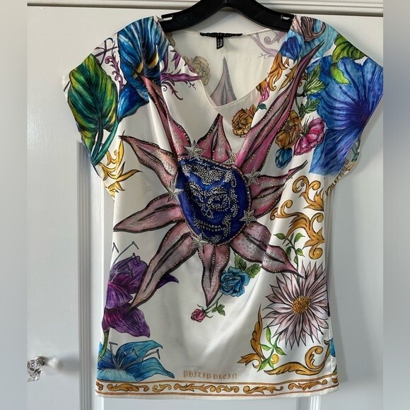Philipp Plein Satin Tee crystals embroidered XS - Picture 1 of 5